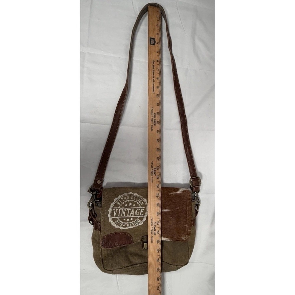 Vintage‎ Stamp Upcycled Canvas & Cowhide Leather Messenger Bag-Back Zip Pocket